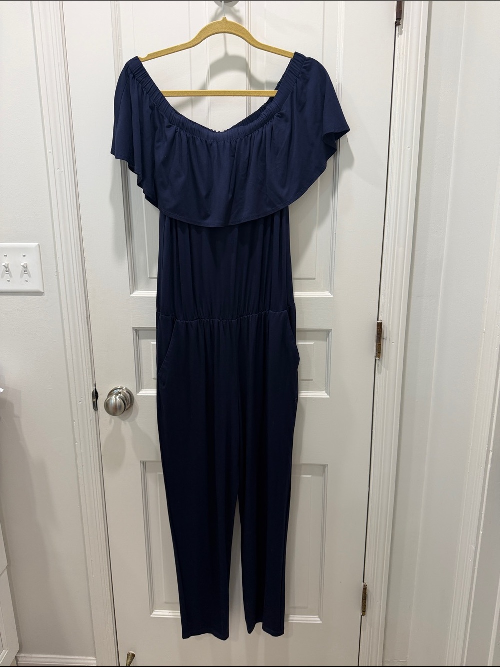 Trina Turk Navy Off-Shoulder Jumpsuit with Ruffle